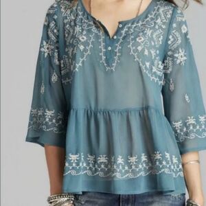Free People Size XS Sheer Teal Embroidered Blouse